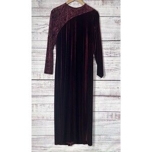 Coldwater Creek Velvet Burnout Maxi Dress Burgundy Long Sleeve Asymmetrical 10
